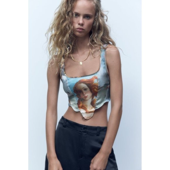 Zara Green and Orange Asymmetrical Graphic Crop Top - Picture 3 of 12